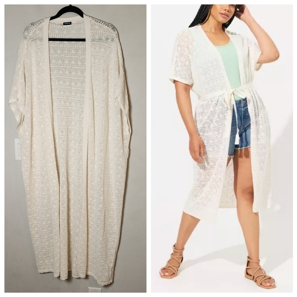 Torrid 3X/4X Off White Crochet Duster Short Sleeve Open Front Sweater (No Belt)
